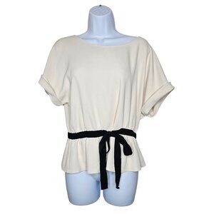 Melloday Short Sleeve Tie Waist Peplum Top Cuffed Office Career White Size S